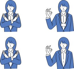 OKサインとNGのポーズをするスーツを着た女性