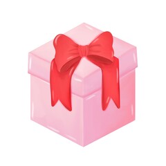 Illustrator of pink present box with red bow on white background. Cute gift box