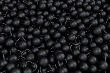 Pile of flying sport equipment sport like rubber kettlebell on black background