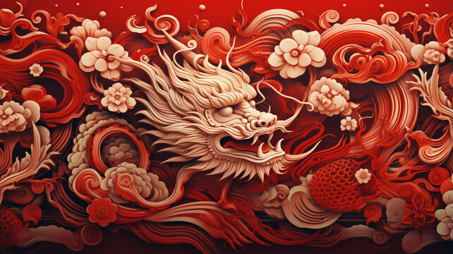 Image of a red dragon in Chinese and Japanese styles. Has a pastel colored background. For various designs or festivals such as New Year, carnival, abstract.