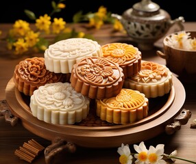 Obraz na płótnie Canvas chinese mooncake on wooden tray