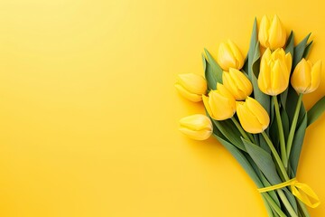 Top view design of holiday greeting tulip flower bouquet on bright yellow Background.