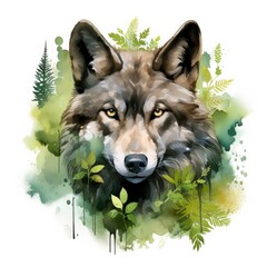 Wolf animal in greenery for kids emotional watercolors.