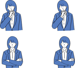首をかしげたり腕組みをしている様々な表情のスーツ女性