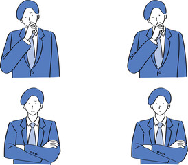 首をかしげたり腕組みをしている様々な表情のスーツ男性