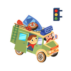 Cute cartoon car with driver behind wheel. Modern electric transport in city. Mini van crossover in green colours and traffic light. Isolated vector illustration on white background. 