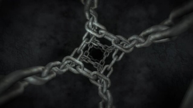 Flying in a stone tunnel with smoke inside the chains. Seamless loop