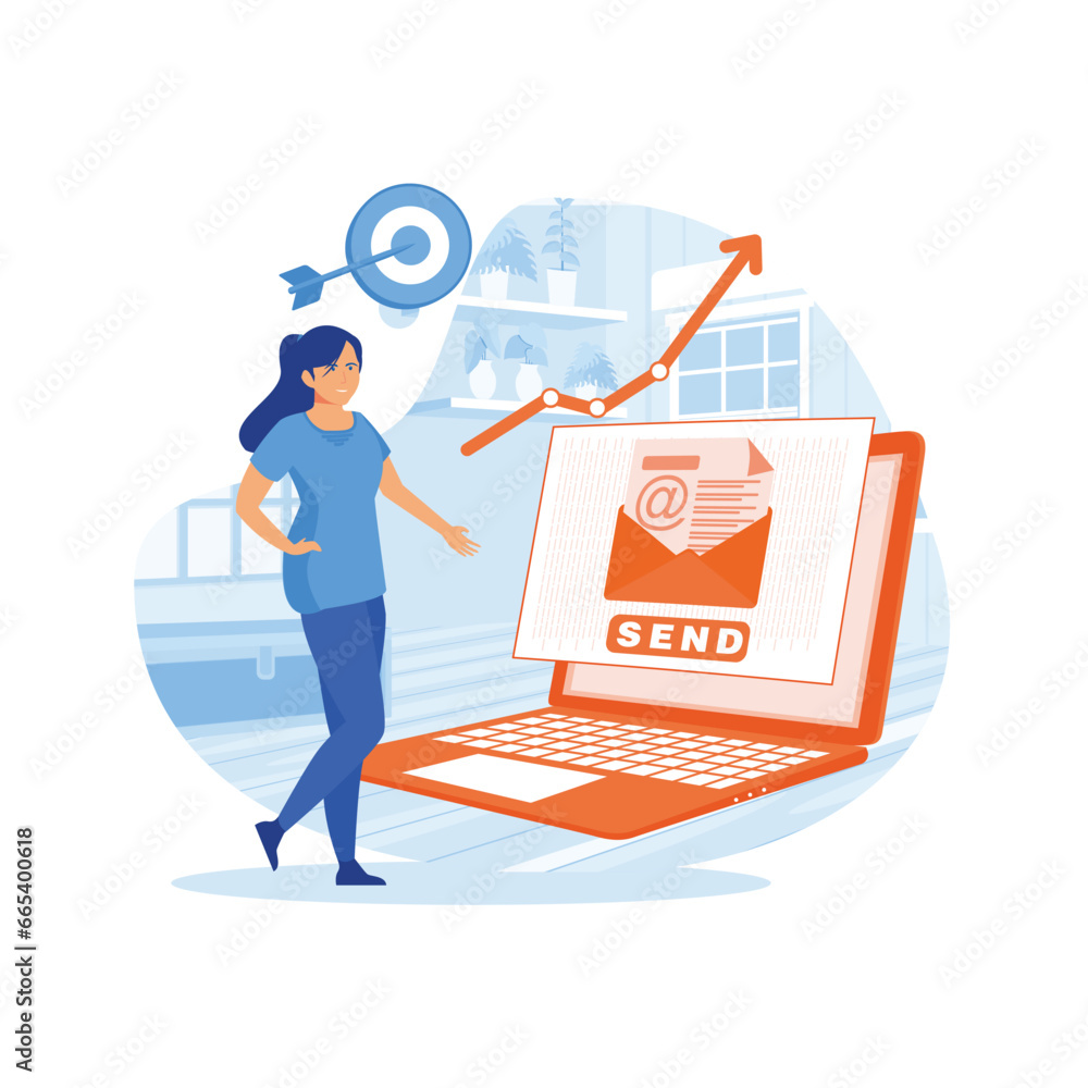 Poster email marketing, mailing service concept. manager sending message via a marketing automation system.