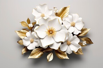 3d gold flowers white backgroung.