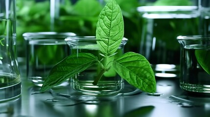 Biotechnology concept with green plant leaves, laboratory glassware, and conducting research, illustrating the powerful combination of nature and science in medical advancements.