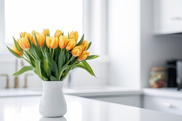 A bouquet of tulips on a white table.