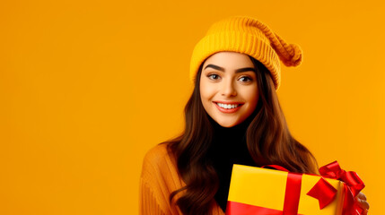 young smiling happy pretty woman holding present boxes celebrating new year, christmas gifts, posing on yellow background. Ai generated