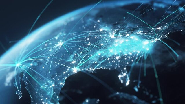 Global Network, Blue - USA, United States Of America, North America - 3d Global Business, Flight Routes, Connection Lines, abstract digital technology background 4k slow motion video