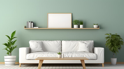 green living room, White sofa and wooden coffee table near green wall with empty mock up poster frame and wooden shelves. Scandinavian interior design of modern stylish living room.