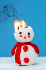 A toy snowman is on fire. Fire for the new year