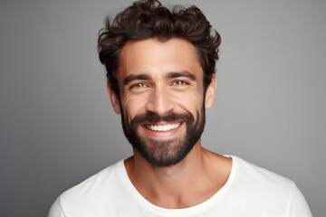 Obraz premium Confident man with clean teeth, stylish hair, and strong jawline. Dental ad-ready portrait on white. Generative AI.