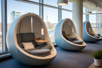 Nap pods in a modern open space office. generative AI