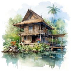 A watercolored bright serene image of a traditional bahay kubo.