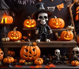 Halloween decorations with scary lantern pumpkins and skeleton with decorative skulls and cobwebs