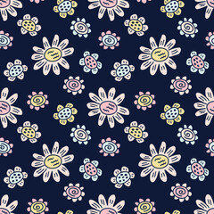 Summer seamless pattern with flowers in 1970 style. Perfect print for tee, paper, textile and fabric. Simple illustration for decor and design.
