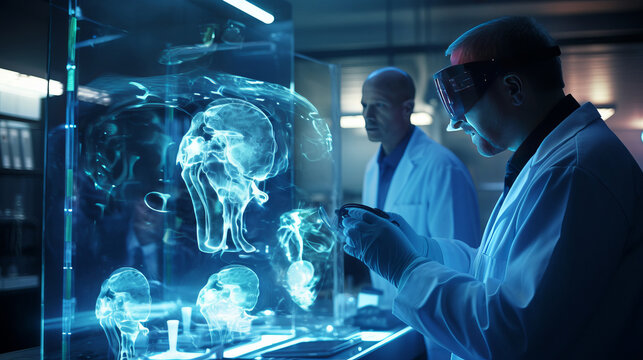 Laboratory in hospital, a doctor looking the procedure and monitors brain activity during a CT scan. AI technology concept