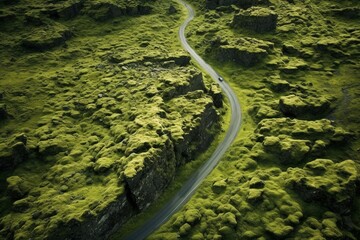 Aerial view of Icelandic road engulfed in lush moss. Generative AI