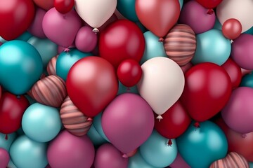 Balloons in air with vibrant maroon, pink, and duck egg blue colors. Fun carnival wallpaper. Generative AI