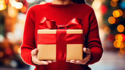 close-up of nicely wrapped christmas gift being held by a child with no face visible, christmas...