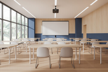 Blue and wooden classroom interior with projection screen