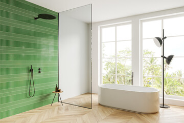 White and green tiled bathroom corner with tub and shower