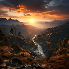 Fototapeta na wymiar Photo of a mountain landscape at sunrise. Generative AI