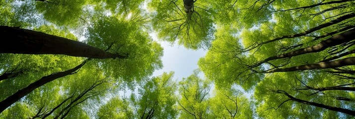 Looking up at the green tops of trees.