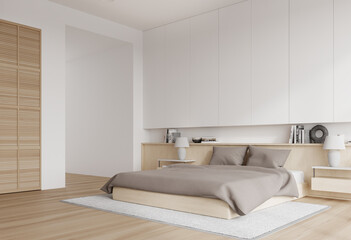 Fototapeta na wymiar White bedroom corner with bed and wardrobe