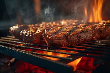 Meat grilling on a charcoal grill with smoke rising.. - obrazy, fototapety, plakaty