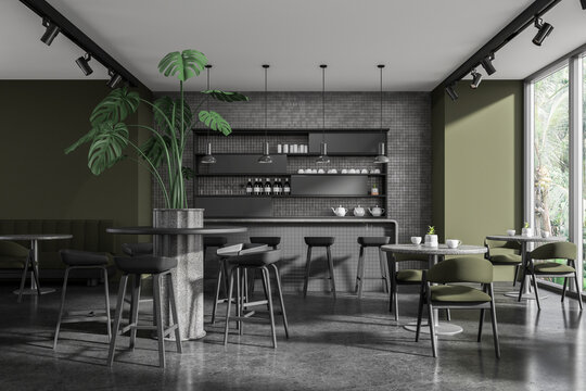 Green and gray cafe interior of bar and sofa