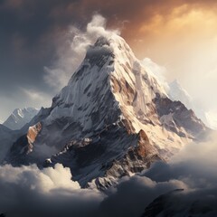 Photo of a snow covered mountain peak. Generative AI