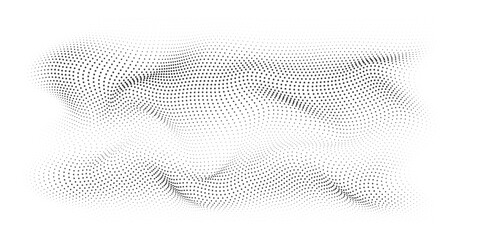 Flowing dots particles wave pattern 3D curve halftone black curve shape isolated on transparent background. Vector in concept of technology, science, music, modern. - obrazy, fototapety, plakaty