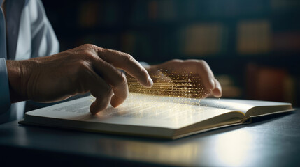 A visually impaired man using a Braille display to read a book