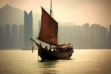 Traditional vessel sailing on Hong Kong's Victoria Harbour. Generative AI - obrazy, fototapety, plakaty