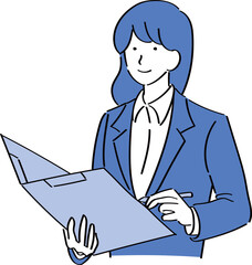 バインダーとペンを持って案内するスーツ女性