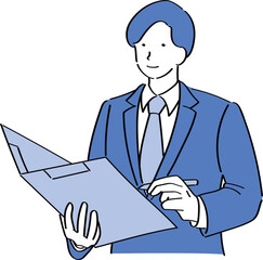 バインダーとペンを持って案内するスーツ男性