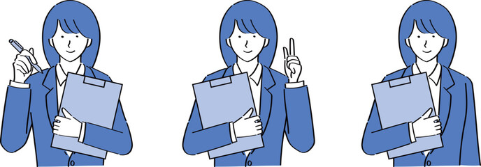 バインダーを持ってポーズをとるスーツ女性