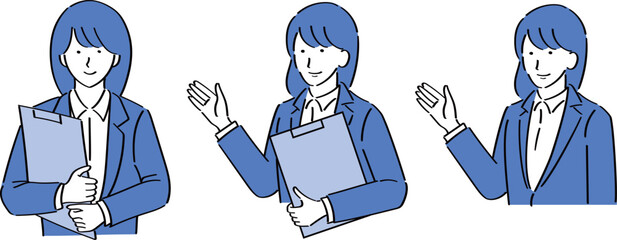 バインダー持って案内するスーツ女性