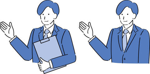 バインダー持って案内するスーツ男性