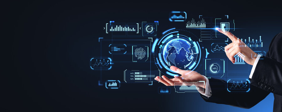 Man finger touch forex dashboard and financial chart with earth globe