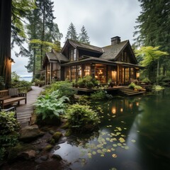Fototapeta na wymiar Photo of a tranquil lakeside cabin in the woods. Generative AI