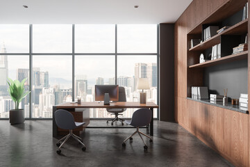 Gray and wooden CEO office interior with bookcase