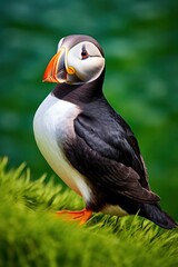 Naklejka premium Puffin bird on a green grass patch.