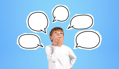 Pensive kid portrait looking up, copy space empty thought bubble