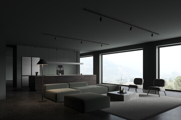 Grey studio interior with cooking and relaxing space, panoramic window